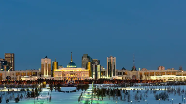 The capital of Kazakhstan, the city of Nur-Sultan, the presidential residence and administrative buildings on an early winter morning. (Stock-Fotografie-ID:1356771439)