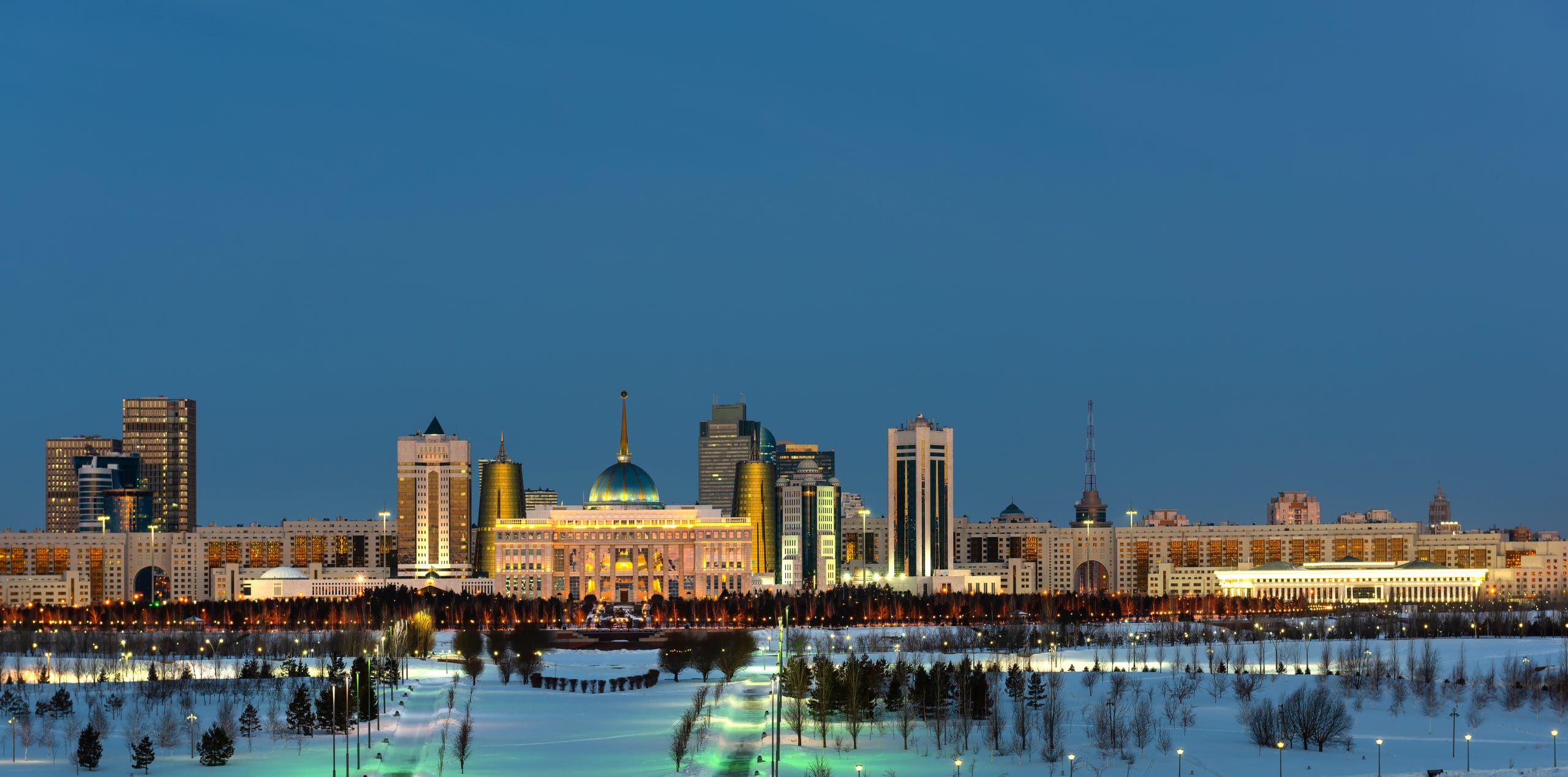 The capital of Kazakhstan, the city of Nur-Sultan, the presidential residence and administrative buildings on an early winter morning. (Stock-Fotografie-ID:1356771439)