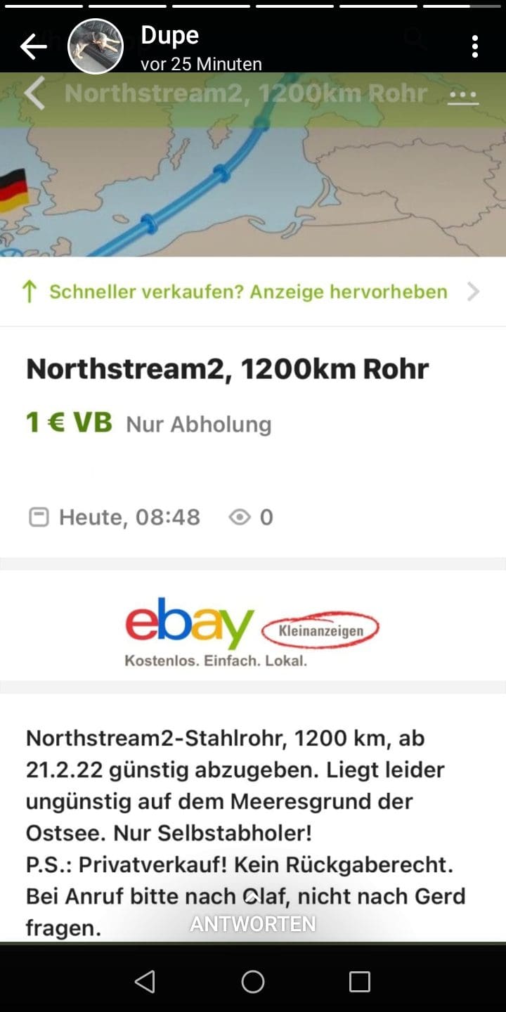 Northstream2, 1200 km Rohr günstig abzugeben VB 1 €